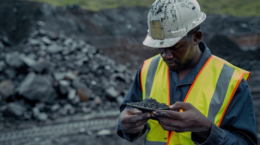 black african coal mine foreman inspects coal samples