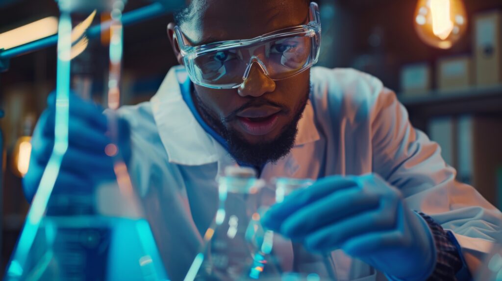 scientists analyze blue substance beaker pharmaceutical discovery